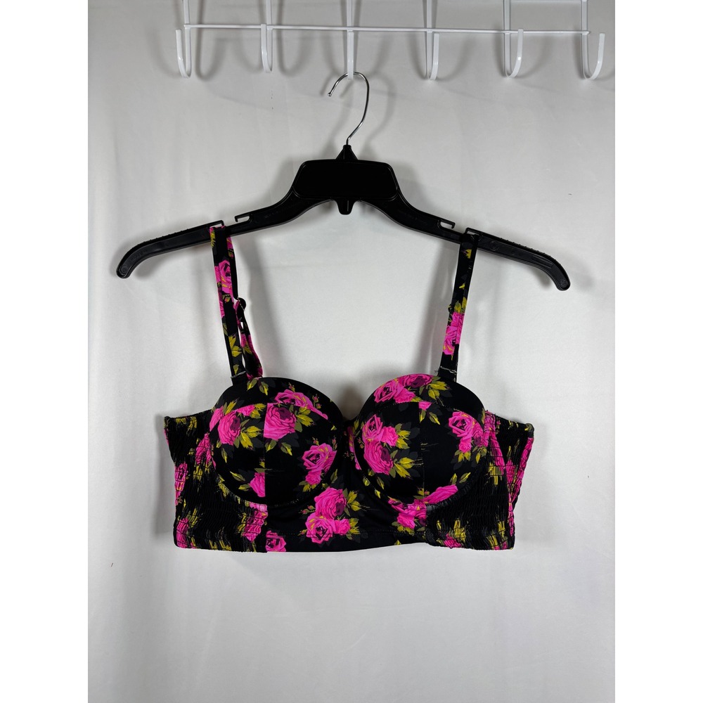 Black Pink Floral Bustier Crop Top Smocked Back Sweetheart Neckline Zip Up 1X